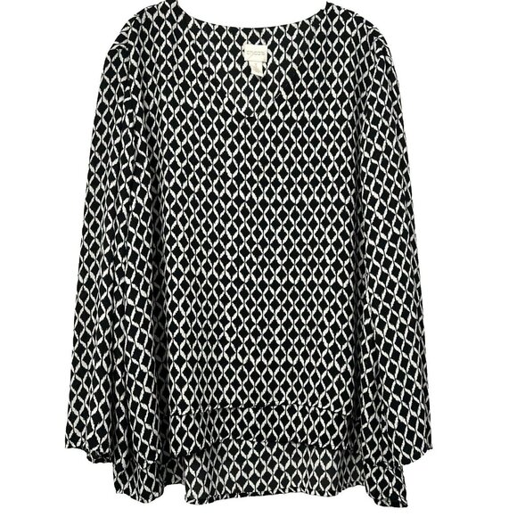 Chicos Women's Top Size XL Black White Layered Geometric Pullover Long Sleeves - Picture 1 of 8